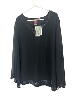 Original Anthony  Black Sequin-Trim V-Neck Women's Top